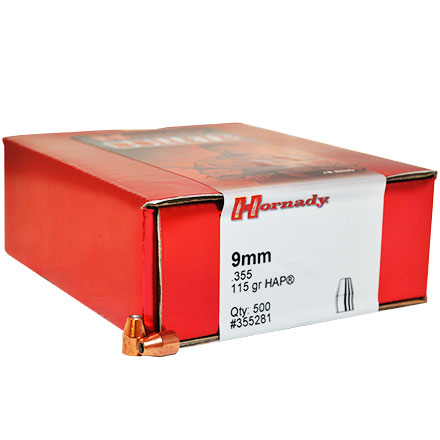 9mm .355 Diameter 115 Grain Hornady Action Pistol (HAP) 500 Count