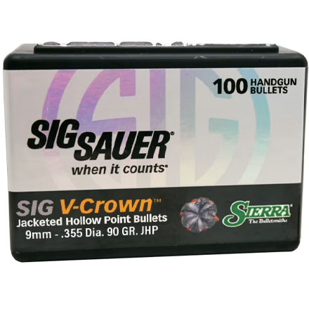 9mm .355 Diameter 90 Grain Jacketed Hollow Point V-Crown 100  Count