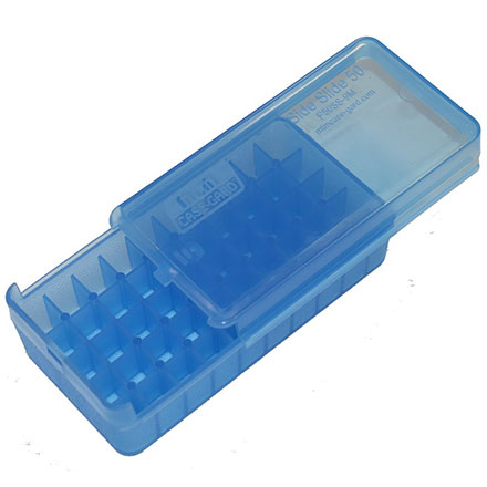 9mm/380 ACP Pistol Side Slide 50 Round Ammo Box Clear Blue