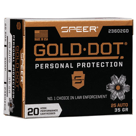 Speer Gold Dot 25 Auto 35 Grain Hollow Point 20 Rounds
