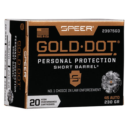 Speer Gold Dot Short Barrel 45 ACP 230 Grain Hollow Point 20 Rounds