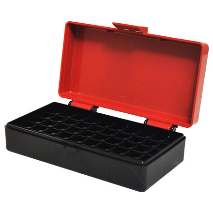 Hinged Top 50 Round Red With Black Base Ammo Box 380 ACP, 9mm, etc.