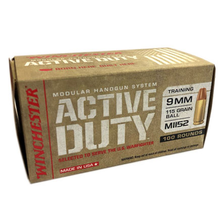 9mm 115 Grain MHS Active Duty M1152 FMJ Flat Nose Ball 100 Rounds