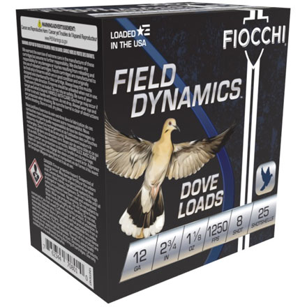 Fiocchi Field Dynamics 12 Gauge 2-3/4" 1-1/8oz #8 Lead Shot Dove & Quail Loads 25 Rounds
