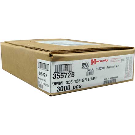 9mm .356 Diameter 125 Grain Hornady Action Pistol (HAP) 3000 Count