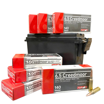 Aguila 6.5 Creedmoor 140 Grain Full Metal Jacket Boat Tail 140 Rounds With Ammo Can